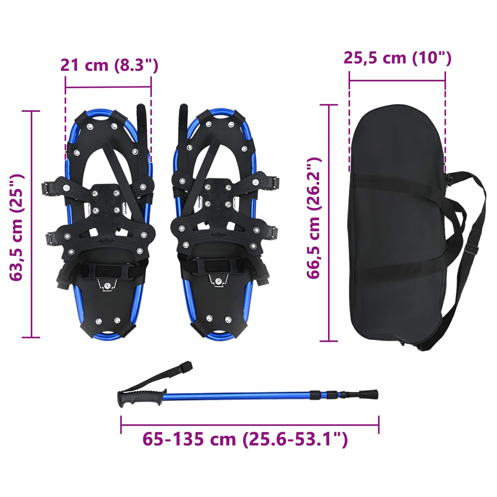 3 in 1 Schneeschuhe mit Wanderstöcken Blau und Schwarz