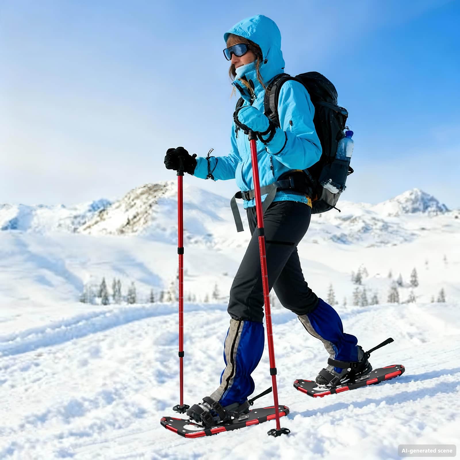 3 in 1 Schneeschuhe mit Wanderstöcken Rot und Schwarz