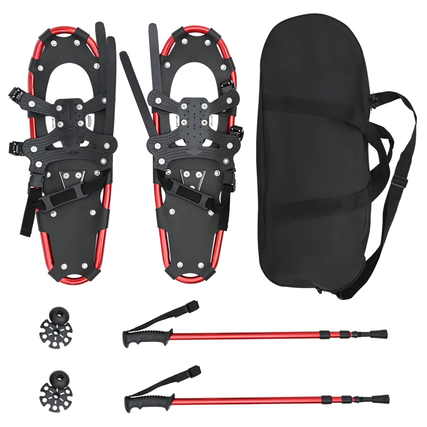 3 in 1 Schneeschuhe mit Wanderstöcken Rot und Schwarz