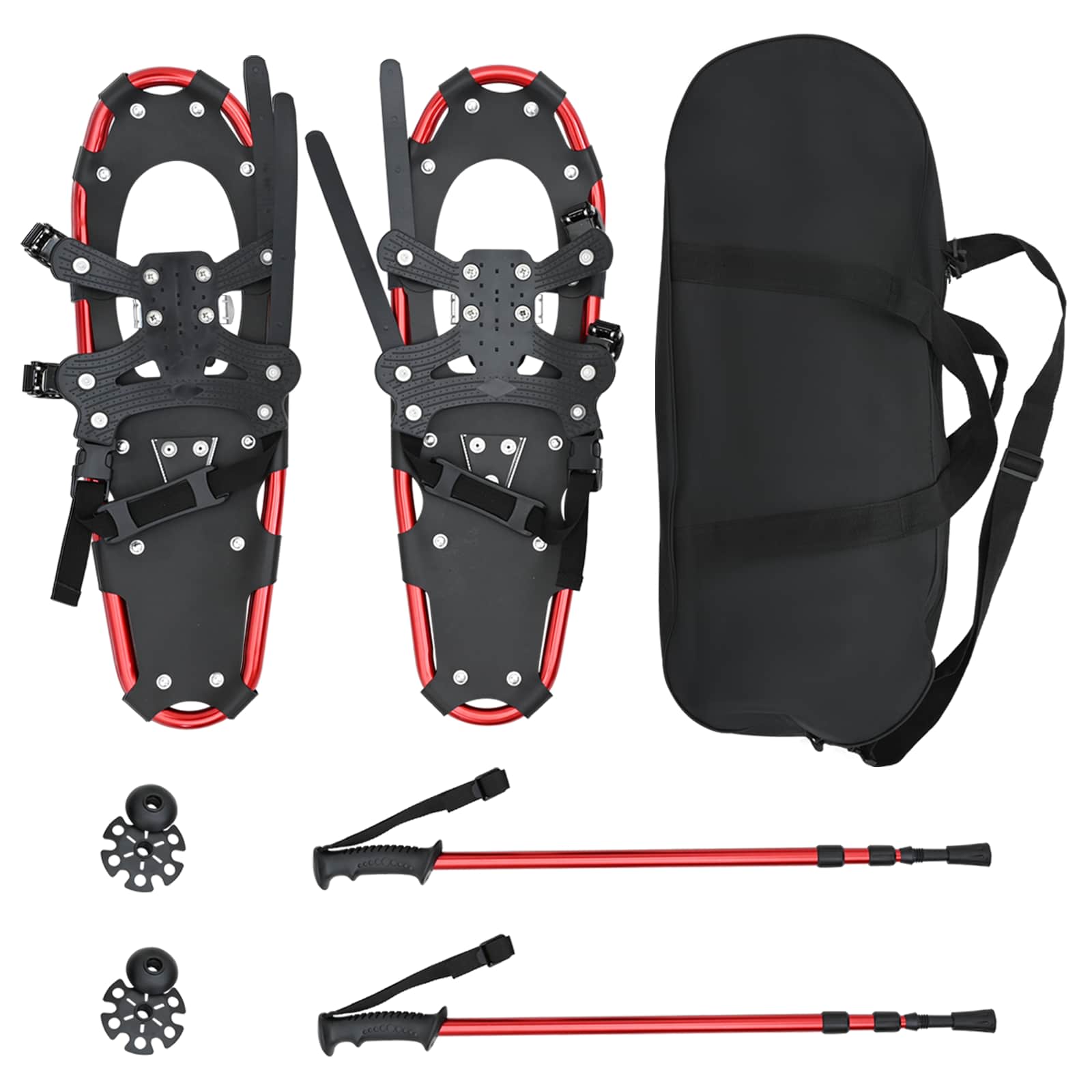 3 in 1 Schneeschuhe mit Wanderstöcken Rot und Schwarz