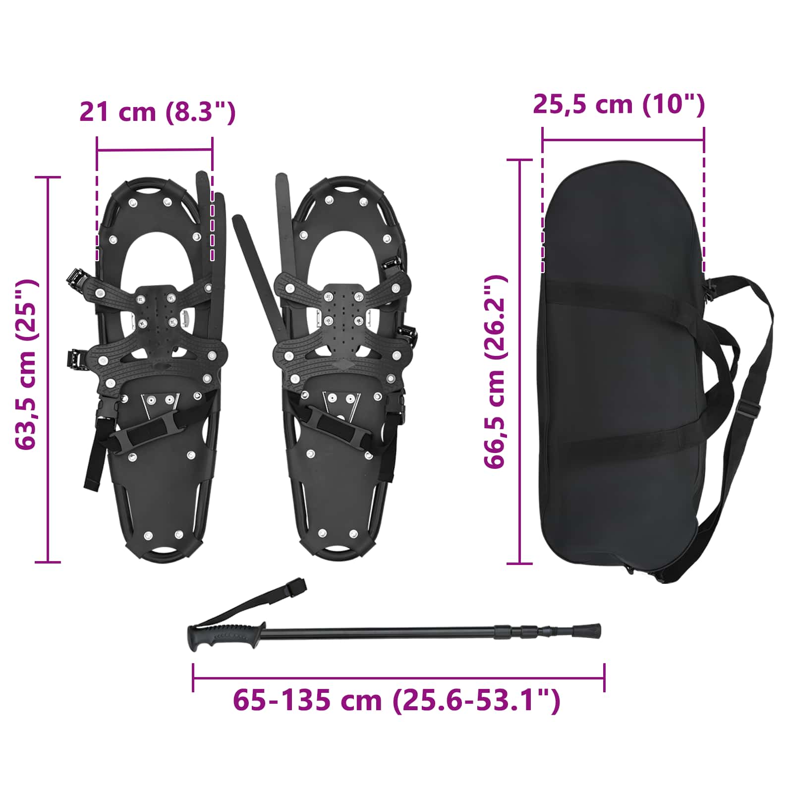 3 in 1 Schneeschuhe mit Wanderstöcken Schwarz 63,5 x 21 cm