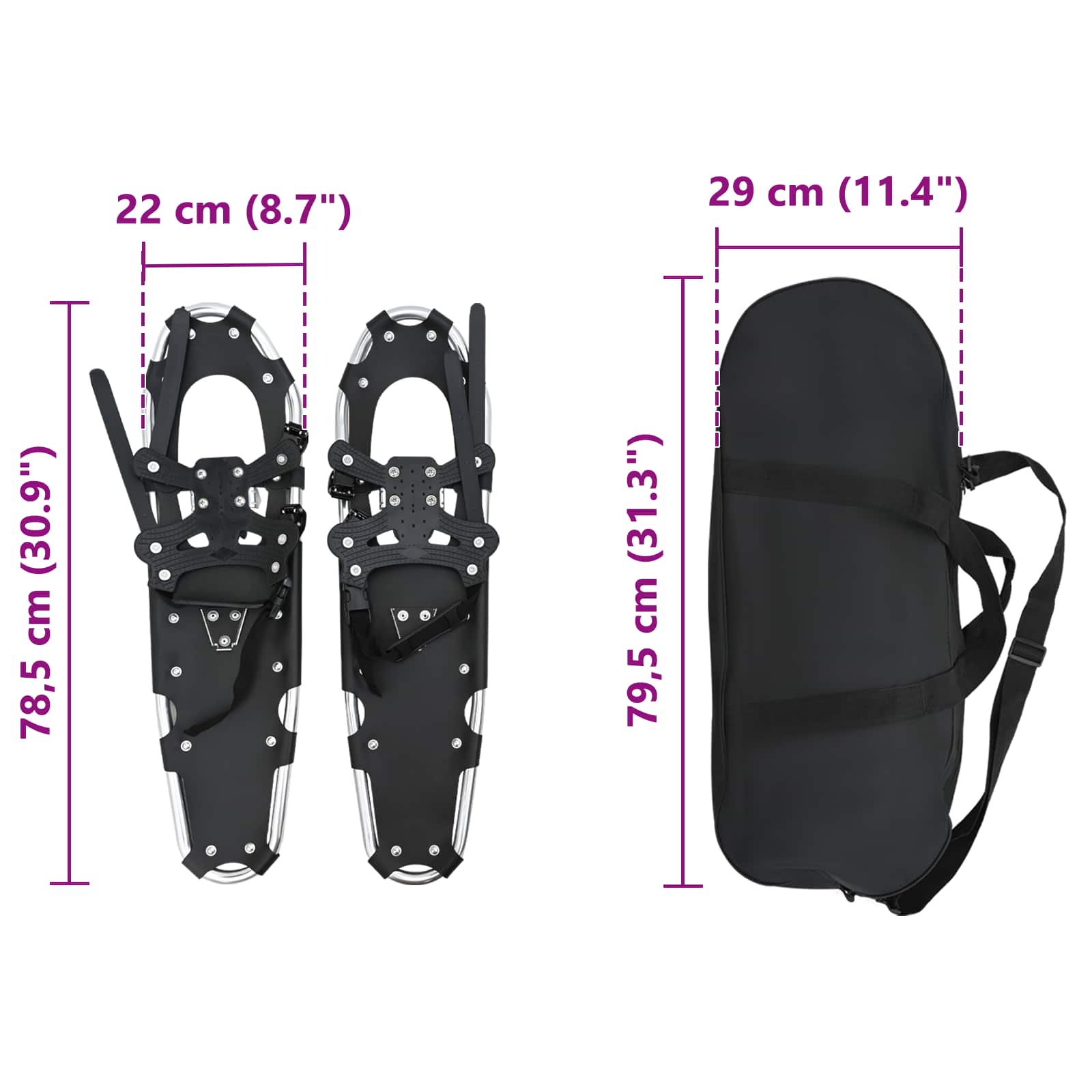 3 in 1 Schneeschuhe Silber und Schwarz 78,5 x 22 cm