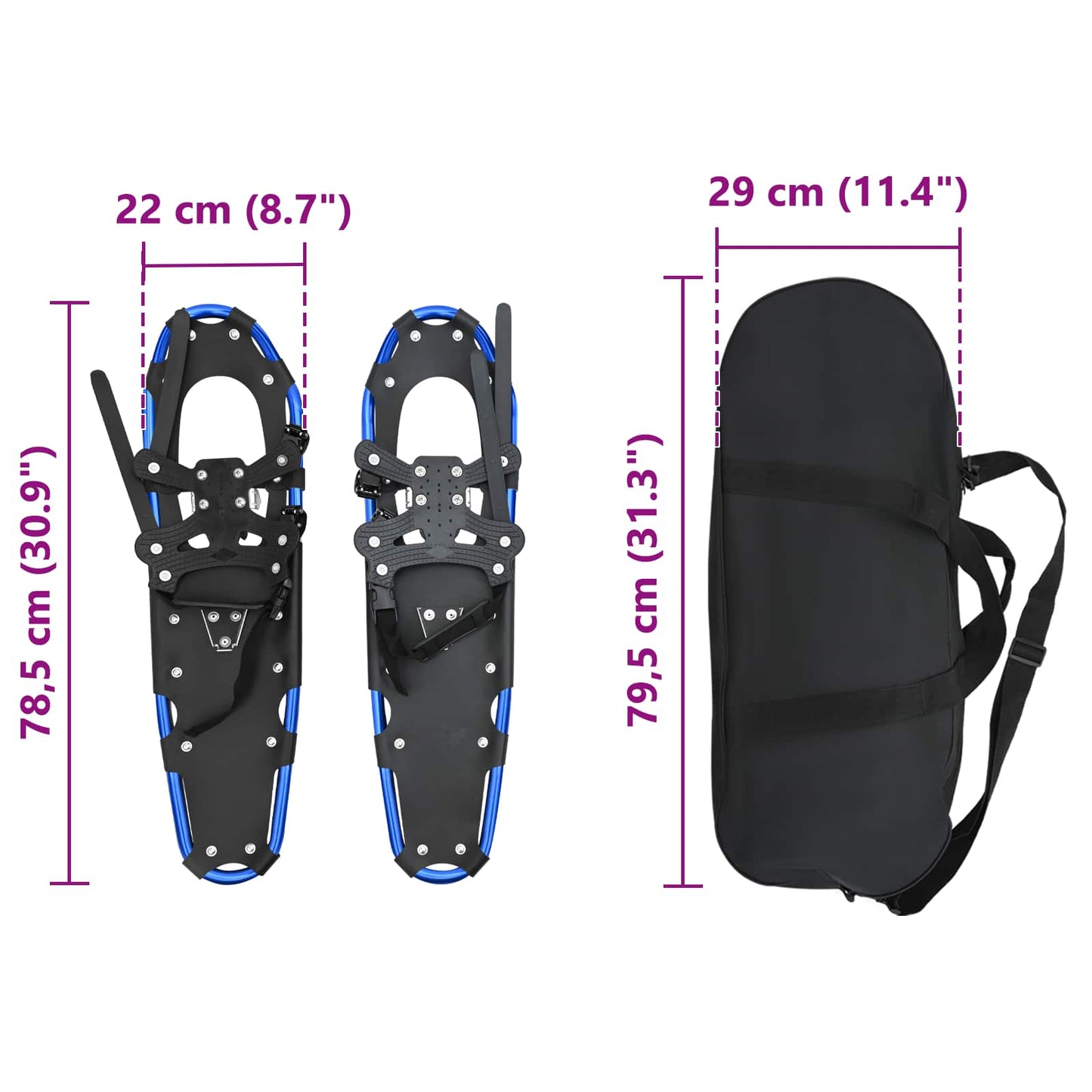 3 in 1 Schneeschuhe Blau und Schwarz 78,5 x 22 cm