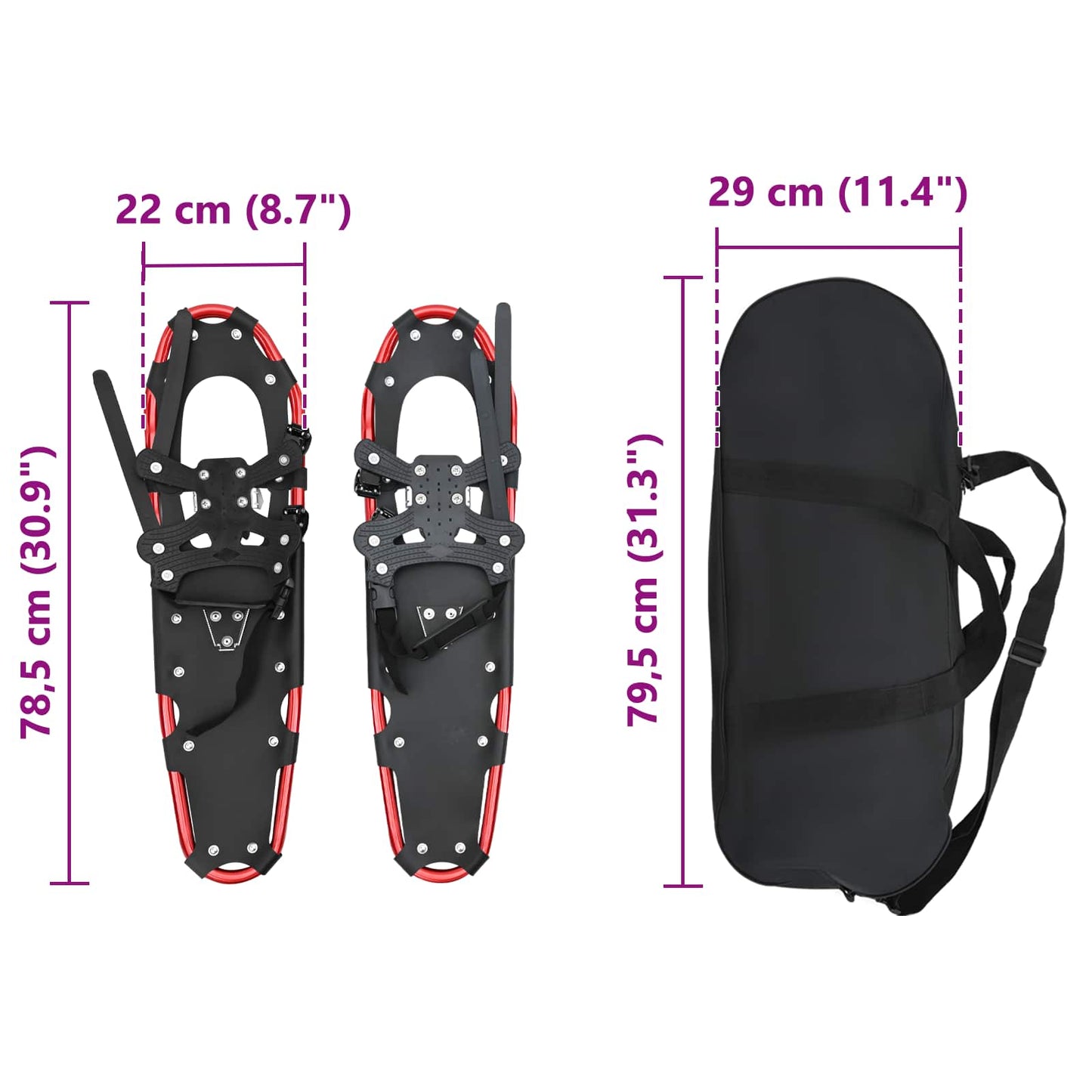 3 in 1 Schneeschuhe Rot und Schwarz 78,5 x 22 cm