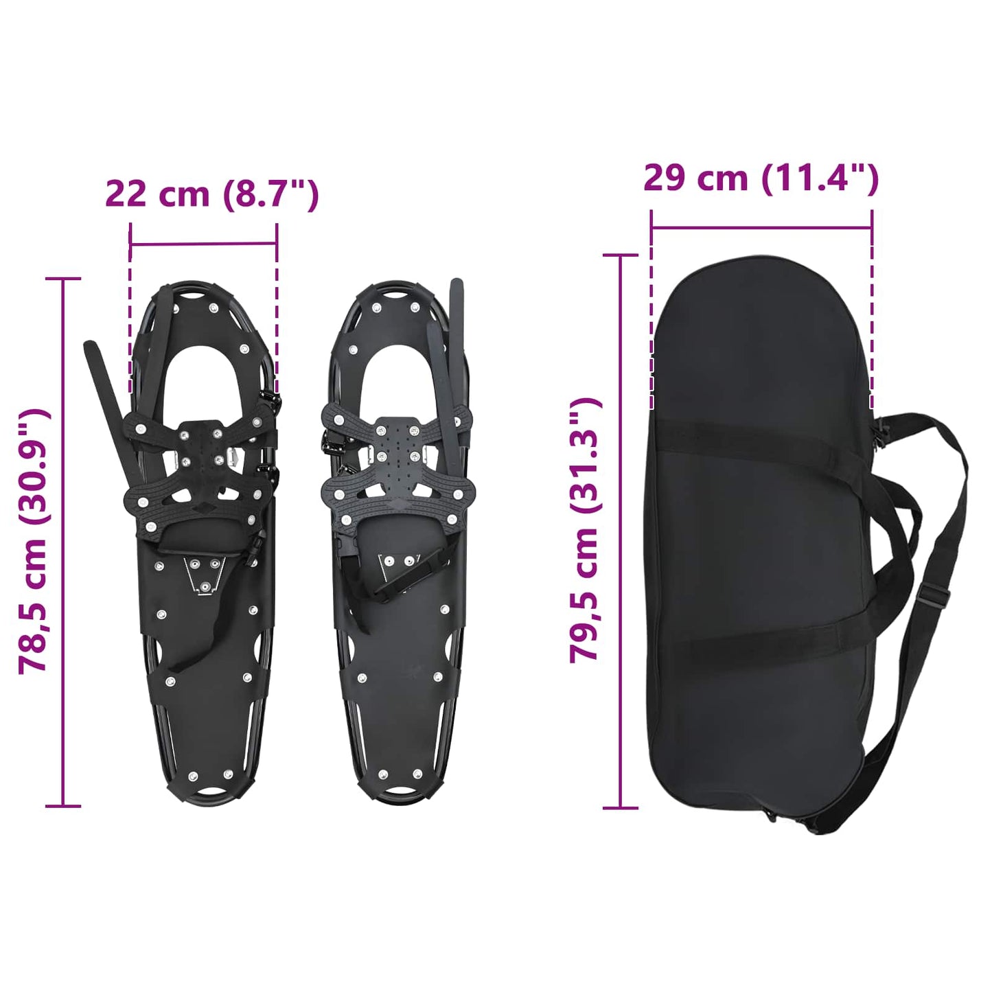 3 in 1 Schneeschuhe Schwarz 78,5 x 22 cm Aluminium und HDPE
