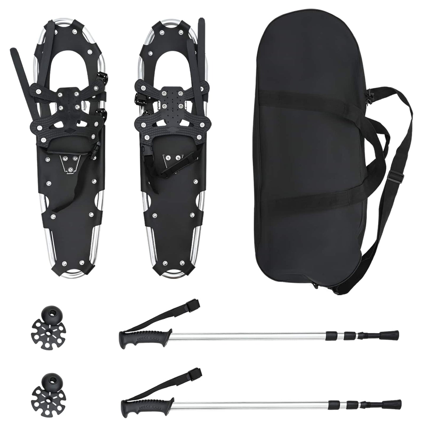 3 in 1 Schneeschuhe mit Wanderstöcken Silber und Schwarz