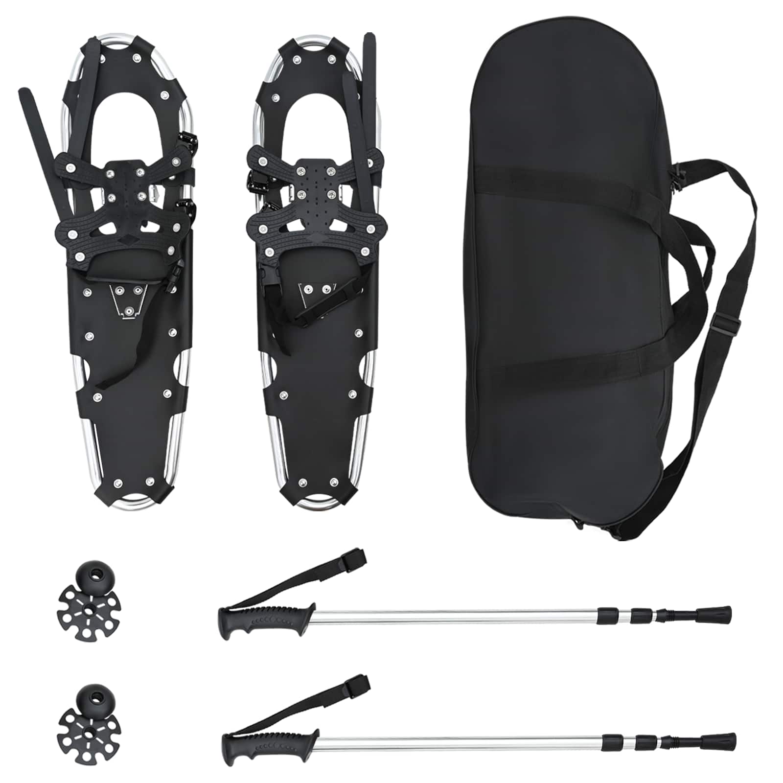 3 in 1 Schneeschuhe mit Wanderstöcken Silber und Schwarz
