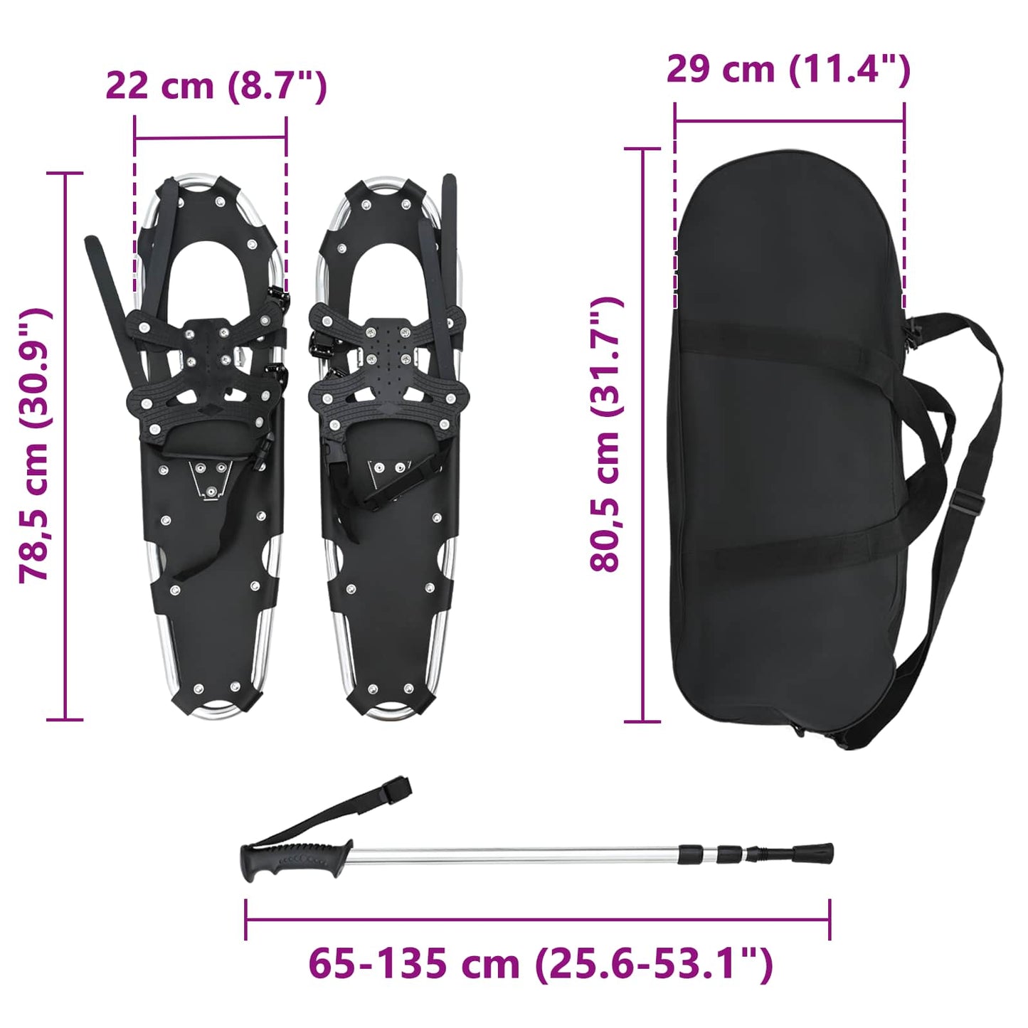 3 in 1 Schneeschuhe mit Wanderstöcken Silber und Schwarz