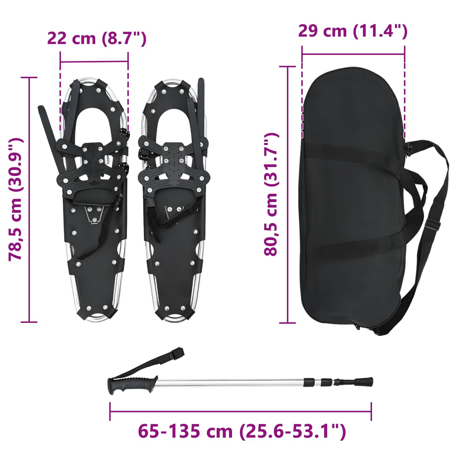 3 in 1 Schneeschuhe mit Wanderstöcken Silber und Schwarz