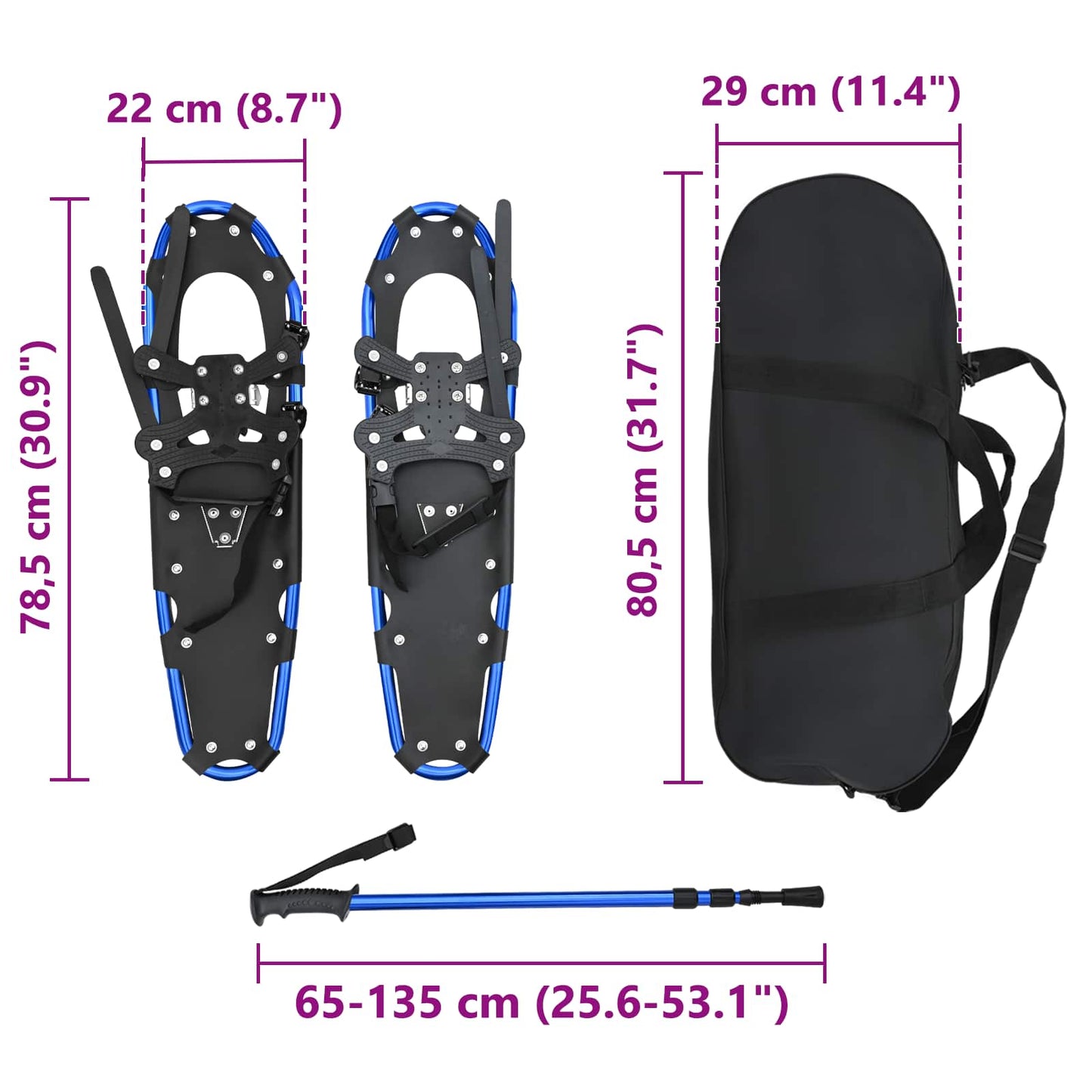 3 in 1 Schneeschuhe mit Wanderstöcken Blau und Schwarz