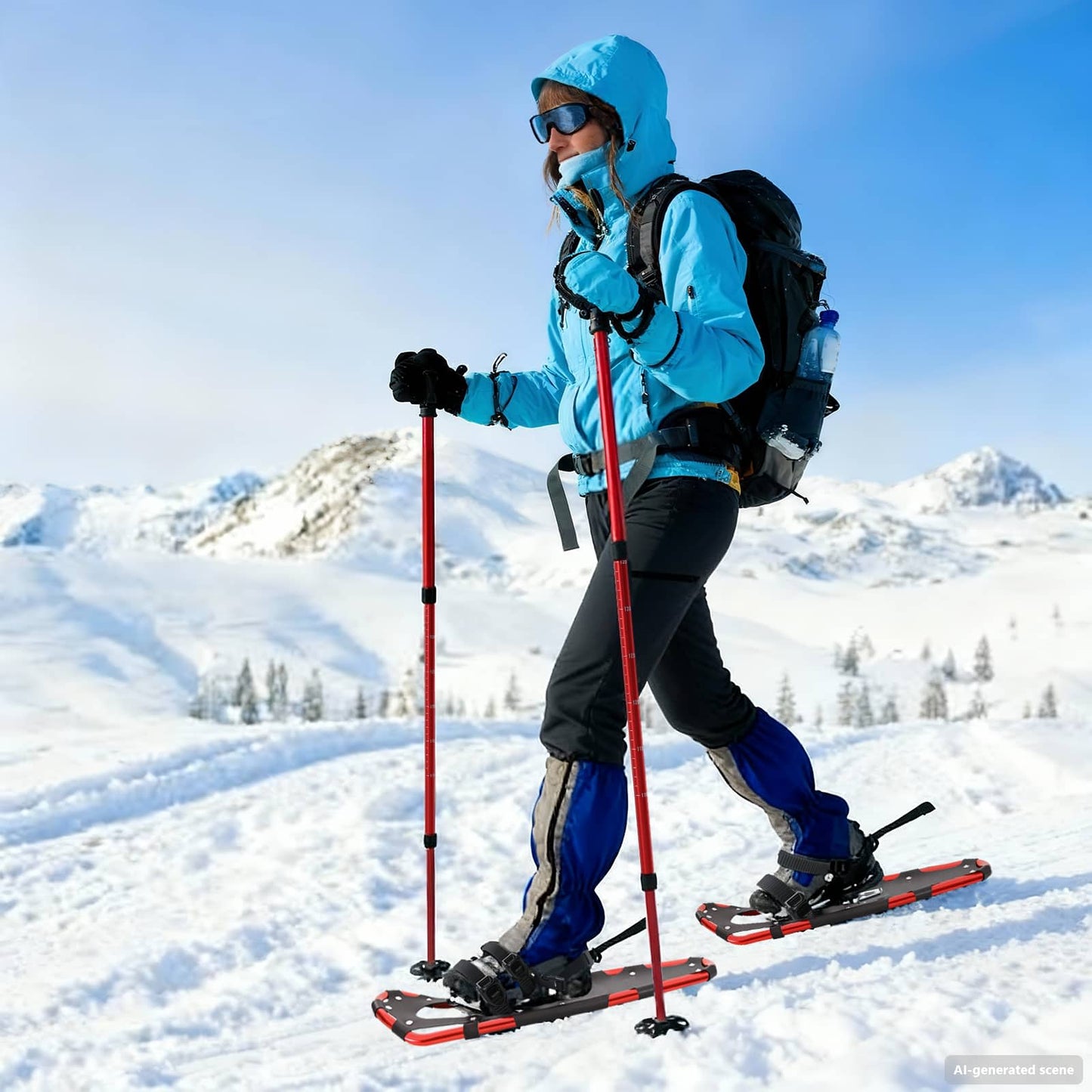 3 in 1 Schneeschuhe mit Wanderstöcken Rot und Schwarz