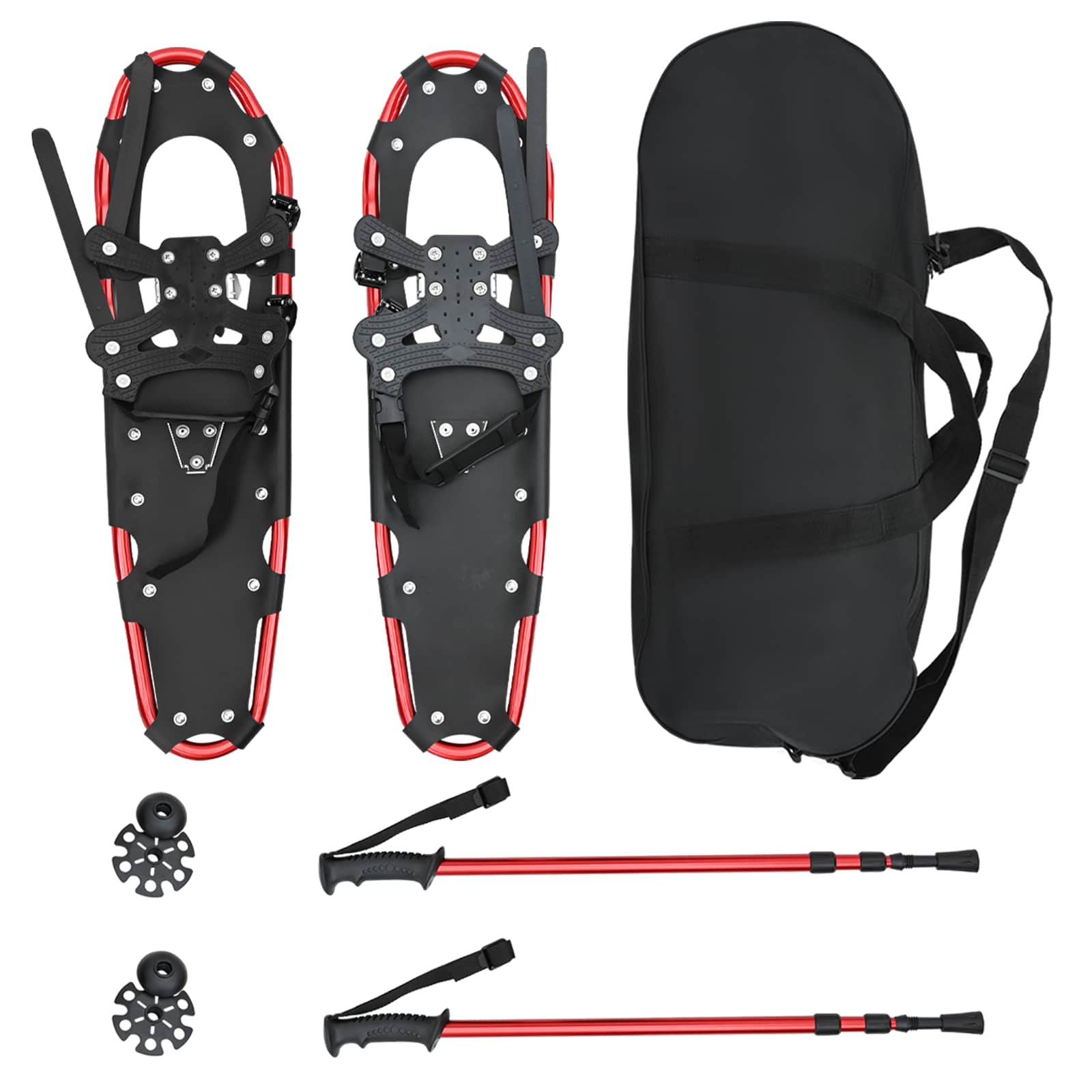 3 in 1 Schneeschuhe mit Wanderstöcken Rot und Schwarz