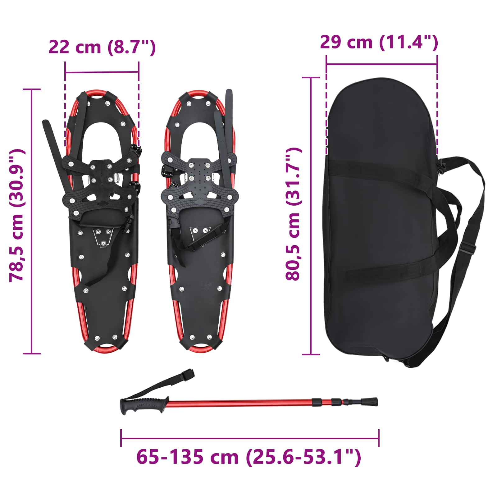 3 in 1 Schneeschuhe mit Wanderstöcken Rot und Schwarz