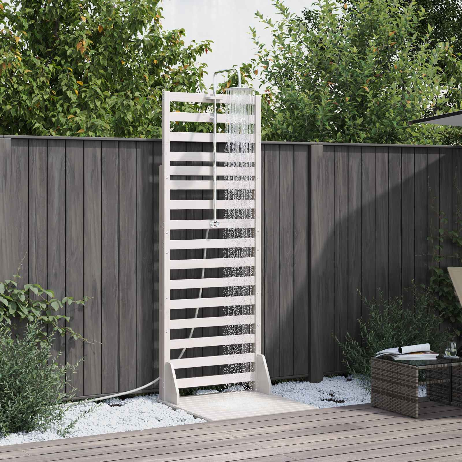 Gartendusche 225 cm Massivholz Kiefer und Edelstahl Weiß
