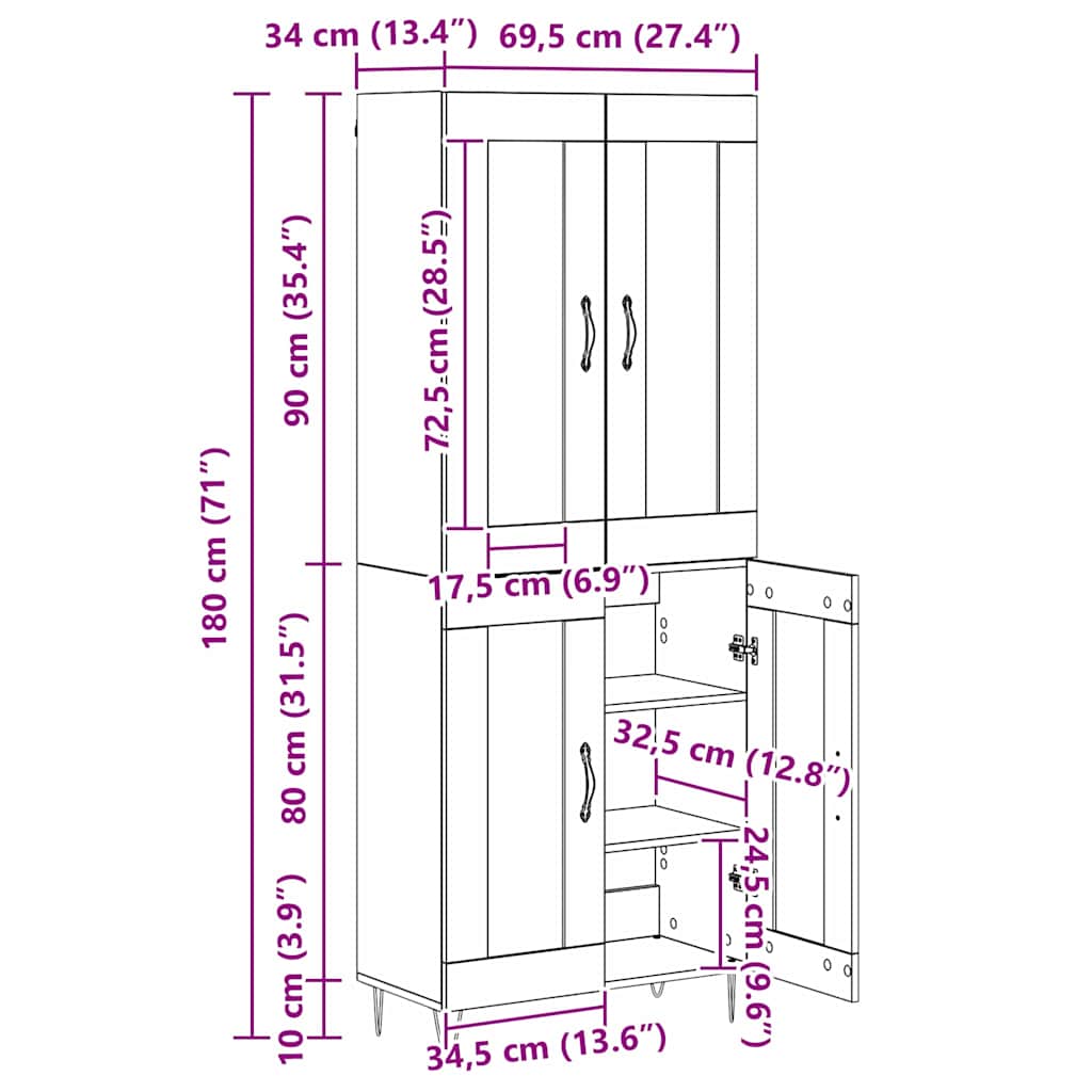 Highboard Artisan-Eiche 69,5 x 34 x 180 cm Holzwerkstoff