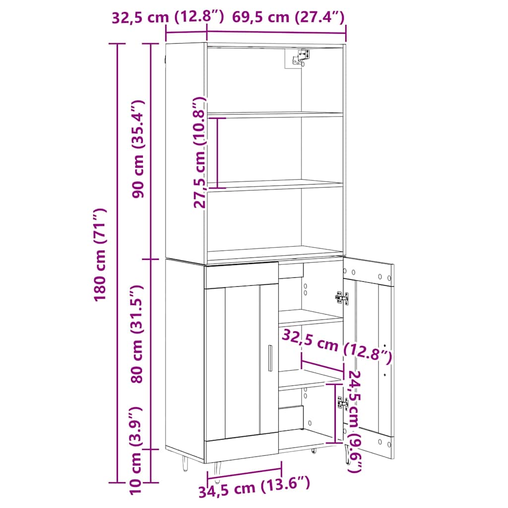 Highboard 2 Stk. Altholz 69,5 x 32,5 x 180 cm Holzwerkstoff