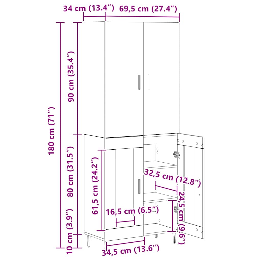 Highboard Altholz 69,5 x 34 x 180 cm Holzwerkstoff