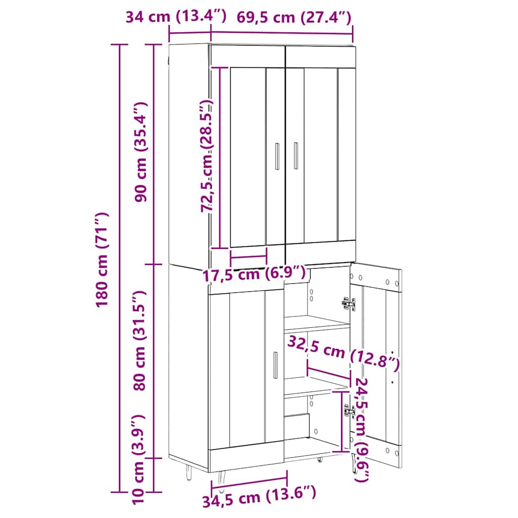 Highboard 2 stk. Altholz 69,5 x 34 x 180 cm Holzwerkstoff