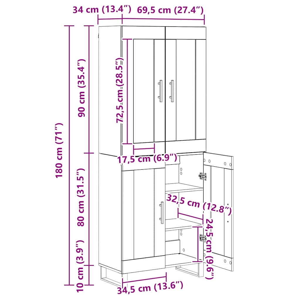 Highboard 2 stk. Artisan-Eiche 69,5 x 34 x 180 cm