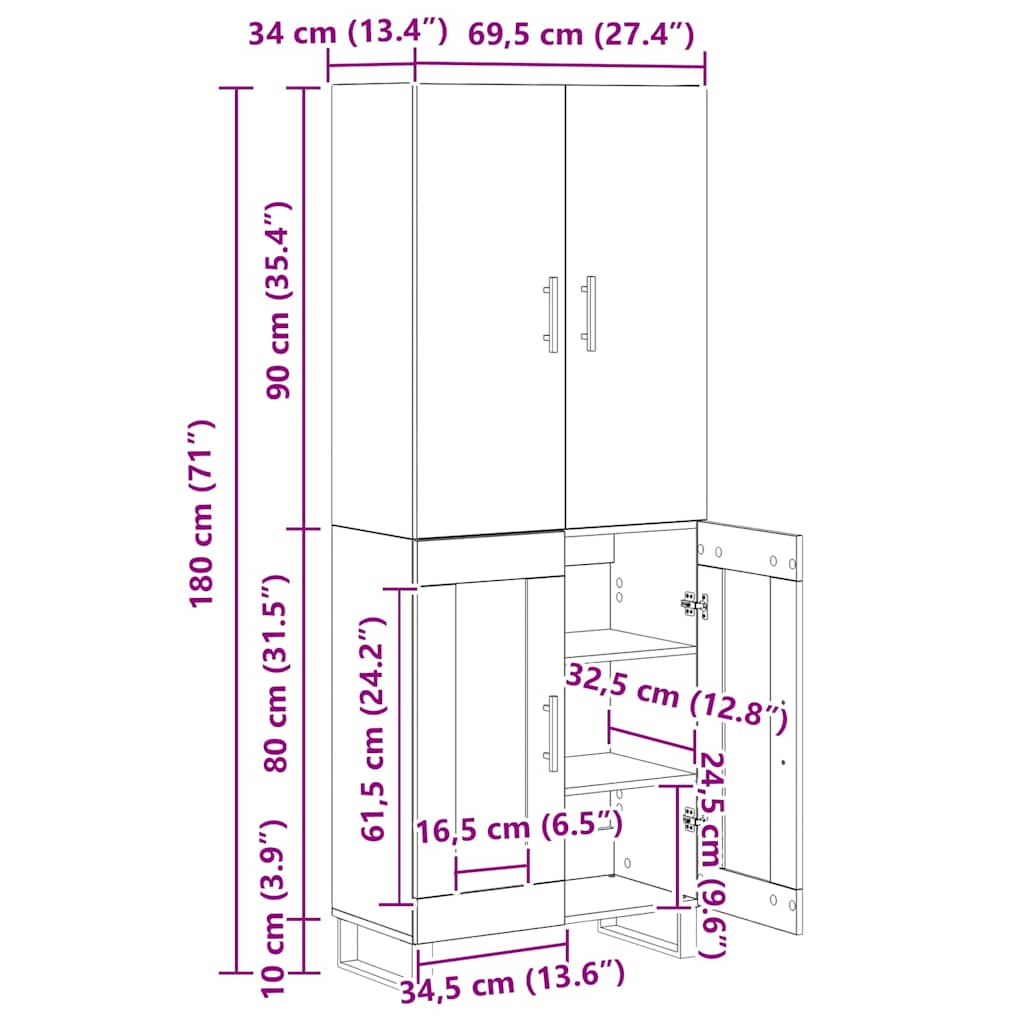 Highboard 2 stk. Schwarz Eichen-Optik 69,5 x 34 x 180 cm