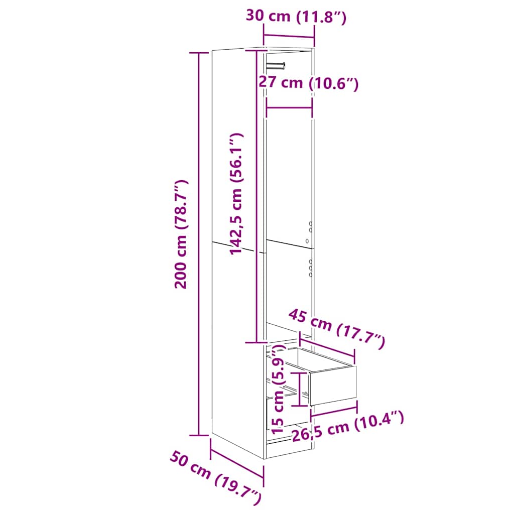 Kleiderschrank Schwarz Eichen-Optik 50 x 30 x 200 cm