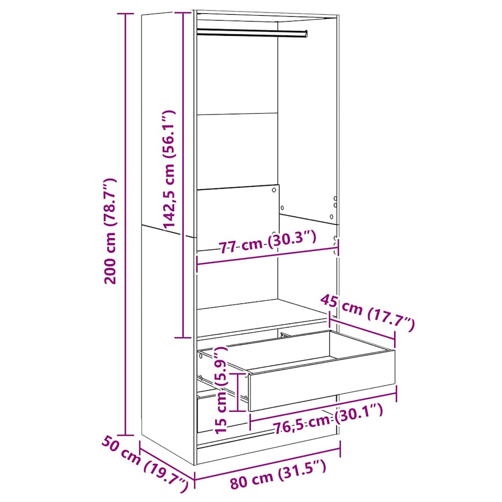 Kleiderschrank Schwarz Eichen-Optik 80 x 50 x 200 cm