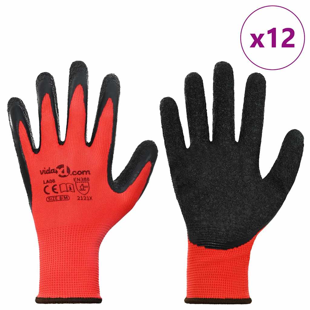 Arbeitshandschuhe 12 Stk. Rot und Schwarz 8 / m Latexbeschichtung