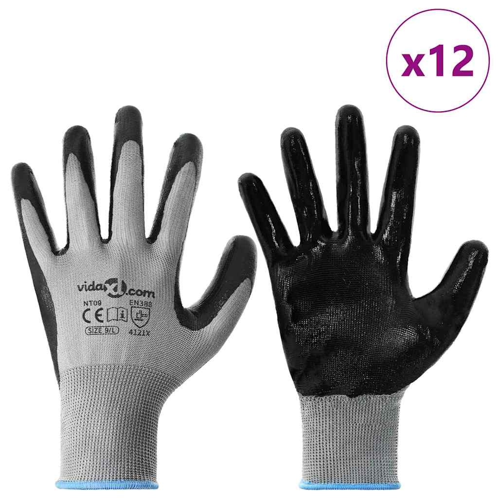 Arbeitshandschuhe 12 Stk. Grau und Schwarz 9 / l Polyester