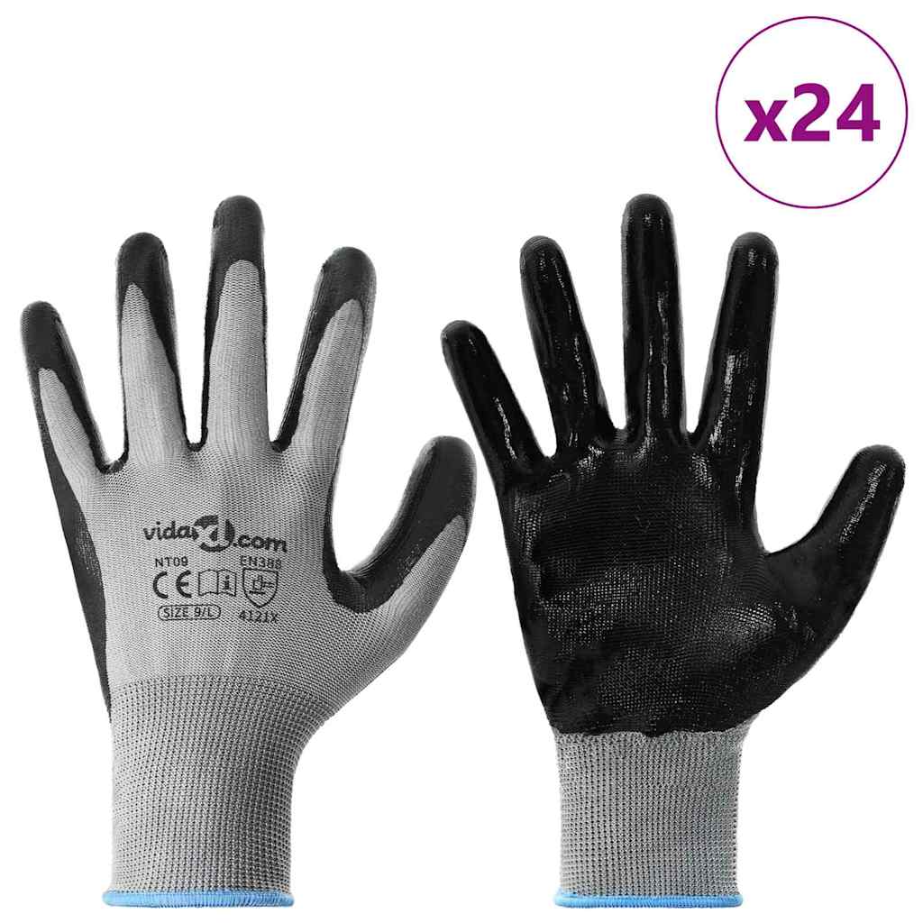 Arbeitshandschuhe 24 Stk. Grau und Schwarz 9 / l Polyester