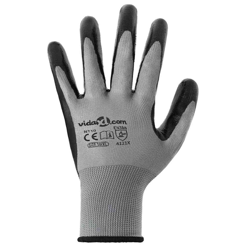 Arbeitshandschuhe 12 Stk. Grau und Schwarz 10 / XL Polyester
