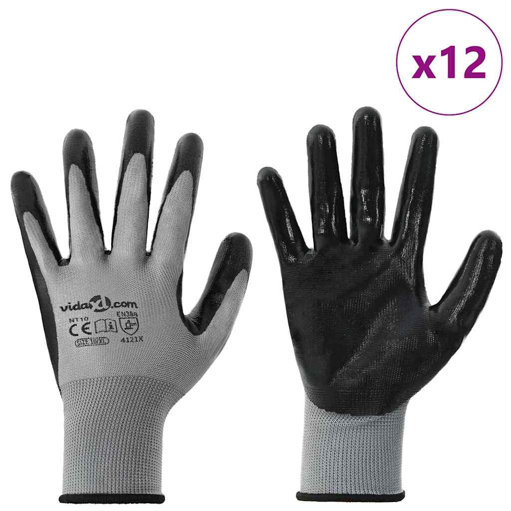 Arbeitshandschuhe 12 Stk. Grau und Schwarz 10 / XL Polyester