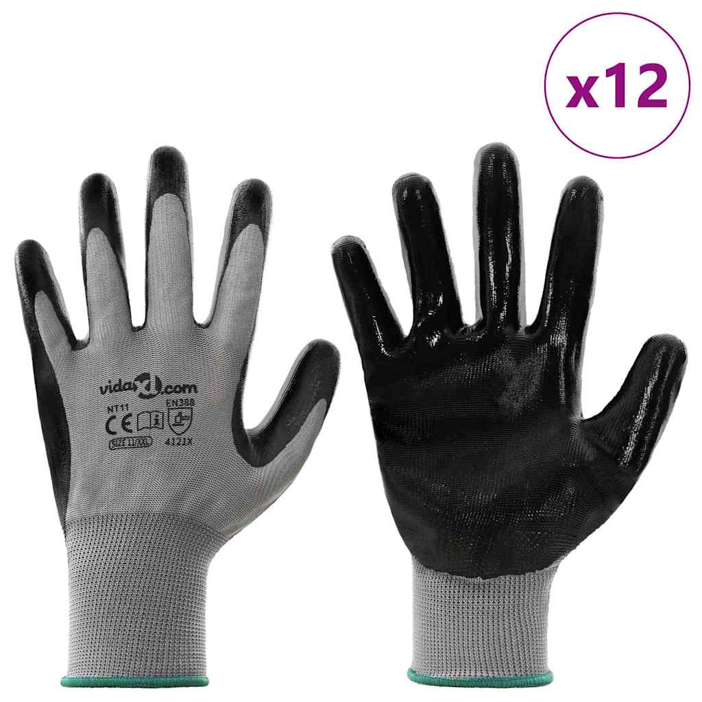 Arbeitshandschuhe 12 Stk. Grau und Schwarz 11 / XXL Polyester