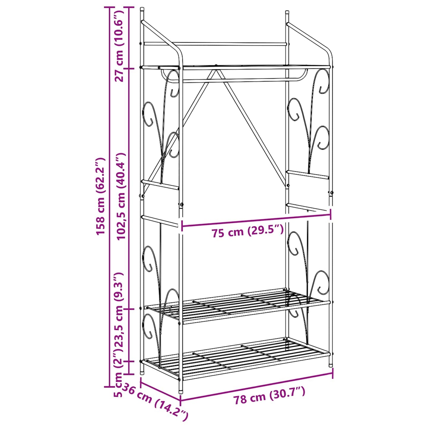 Offener Kleiderschrank Uni 78 x 36 x 158 cm