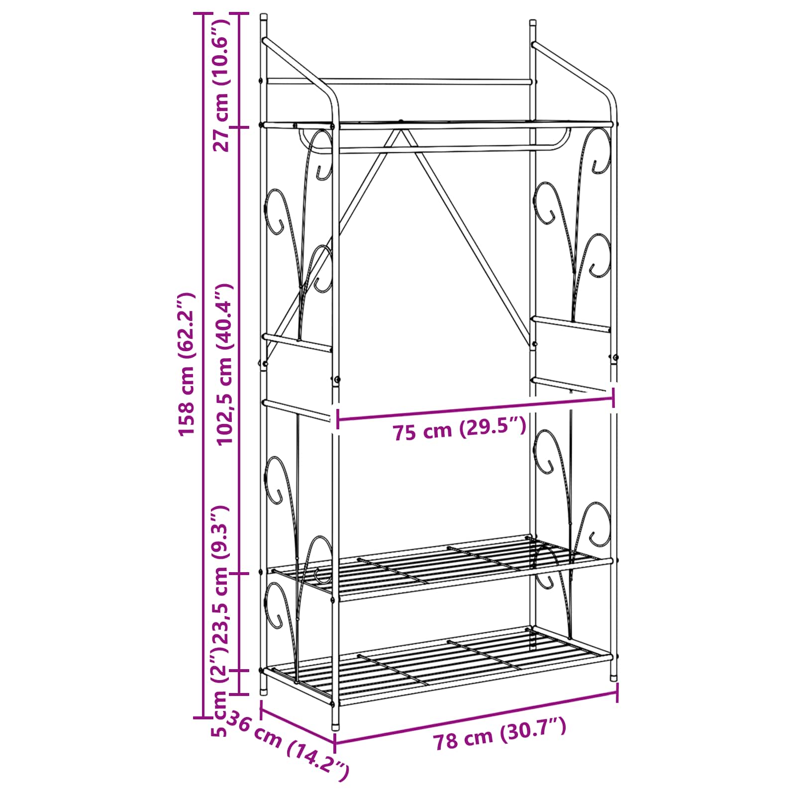 Offener Kleiderschrank Uni 78 x 36 x 158 cm