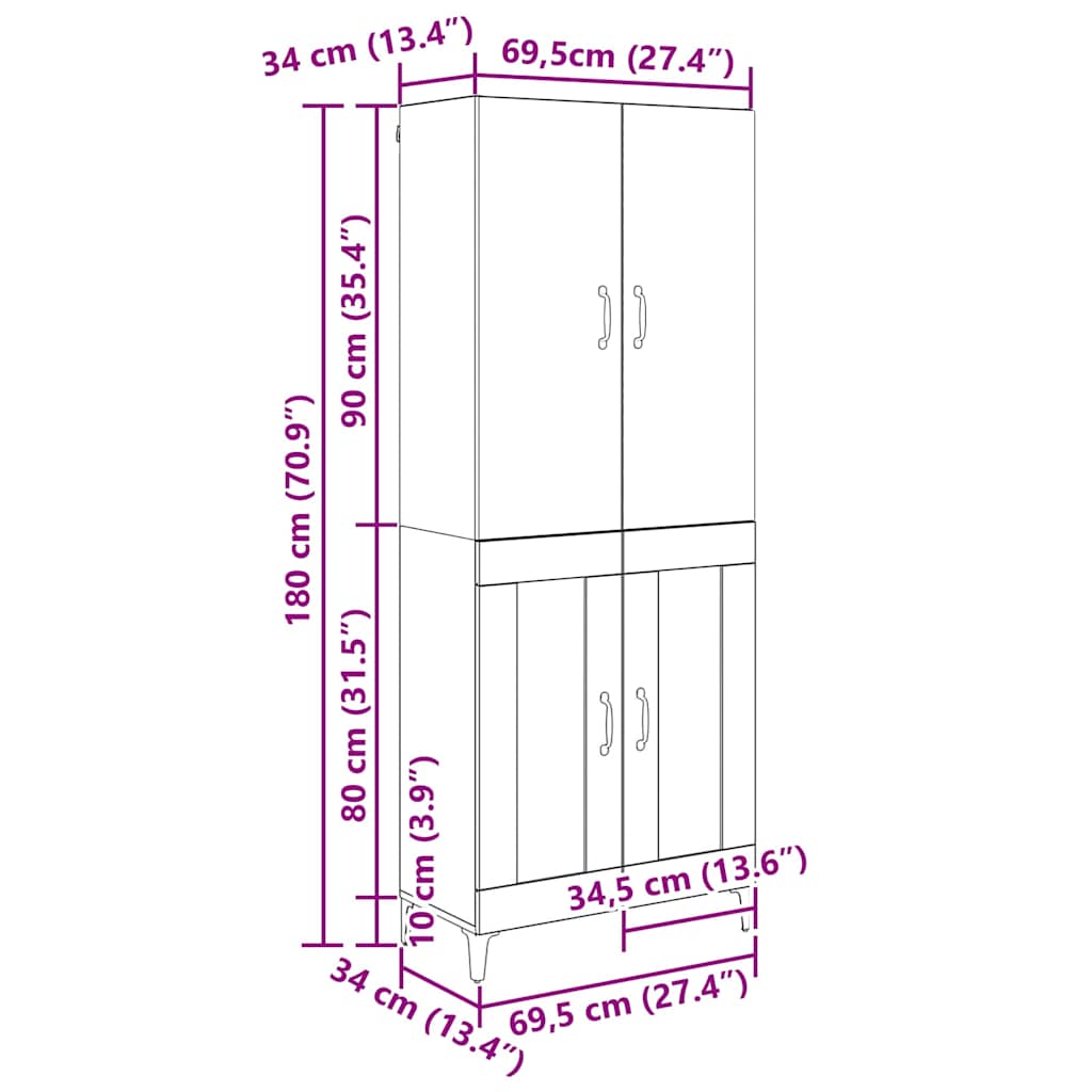 Highboard Schwarz Eichen-Optik 69,5 x 34 x 180 cm Holzwerkstoff