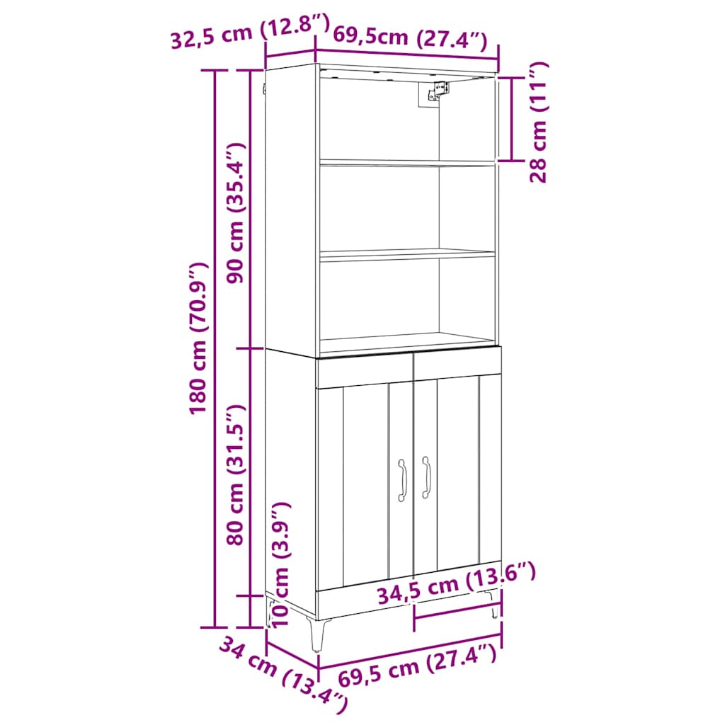 Highboard 2 stk. Artisan-Eiche 69,5 x 34 x 180 cm Holzwerkstoff