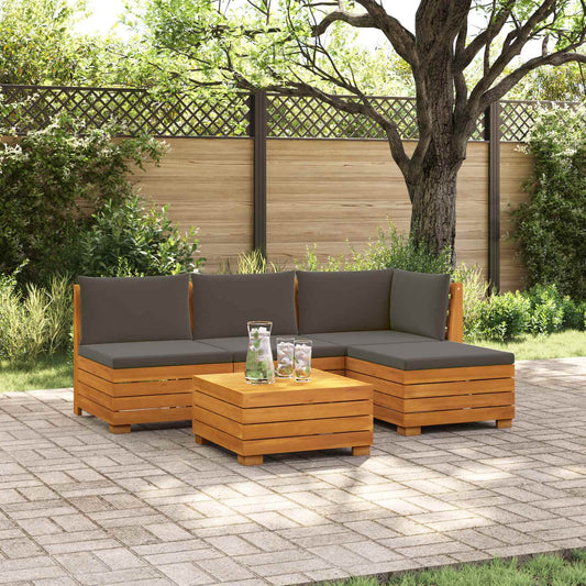 Outdoor-Sofagarnitur mit Kissen 5 Stück Braun Massivholz Akazie