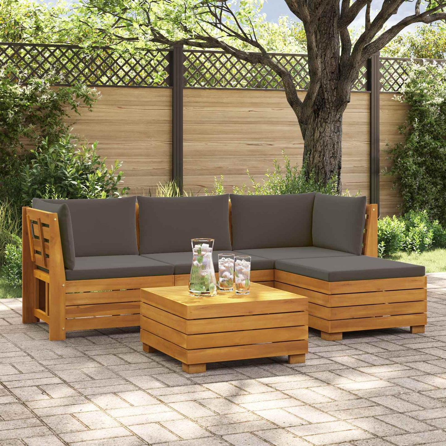 Outdoor-Sofagarnitur mit Kissen 5 Stück Braun Massivholz Akazie