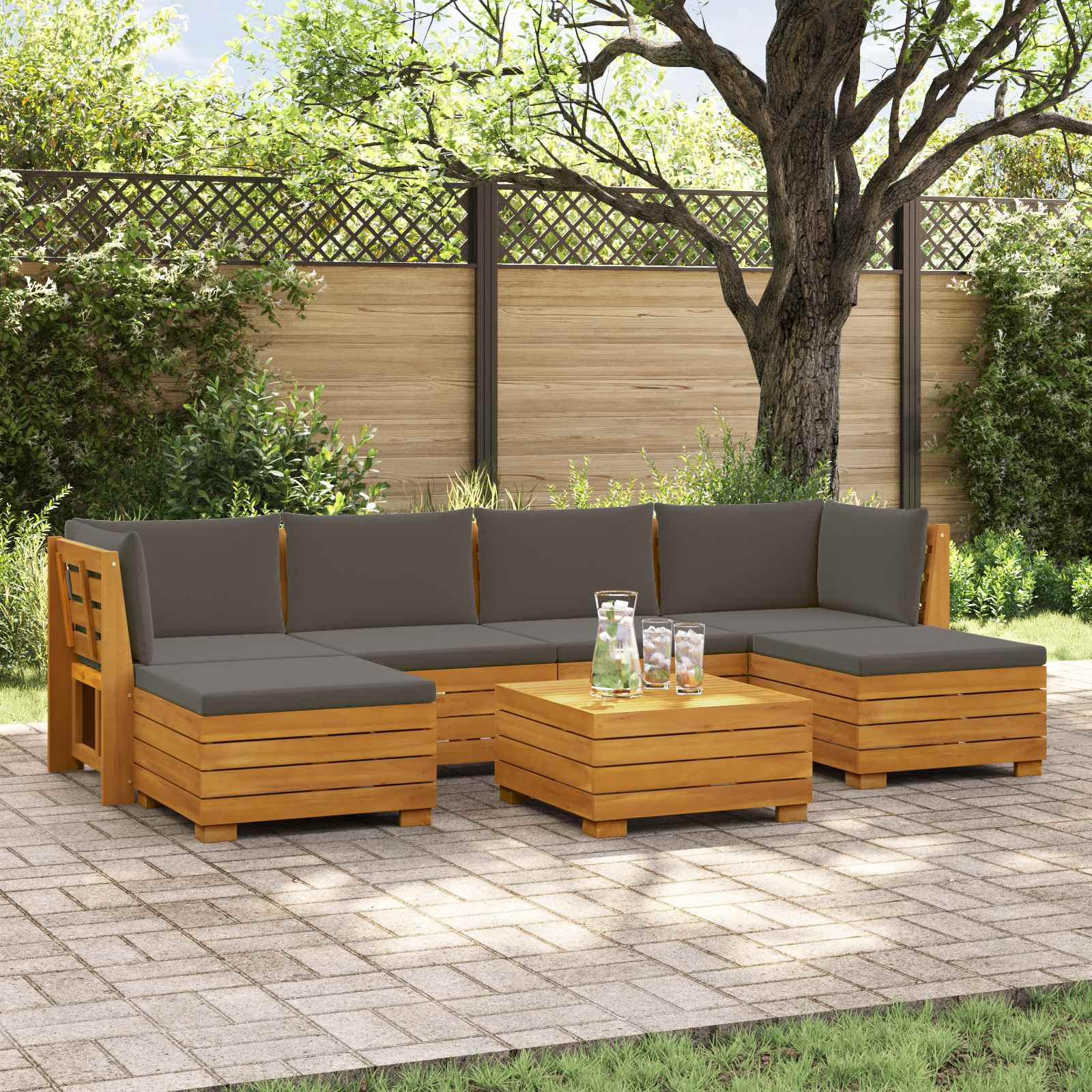 Outdoor-Sofagarnitur mit Kissen 7 Stück Braun Massivholz Akazie