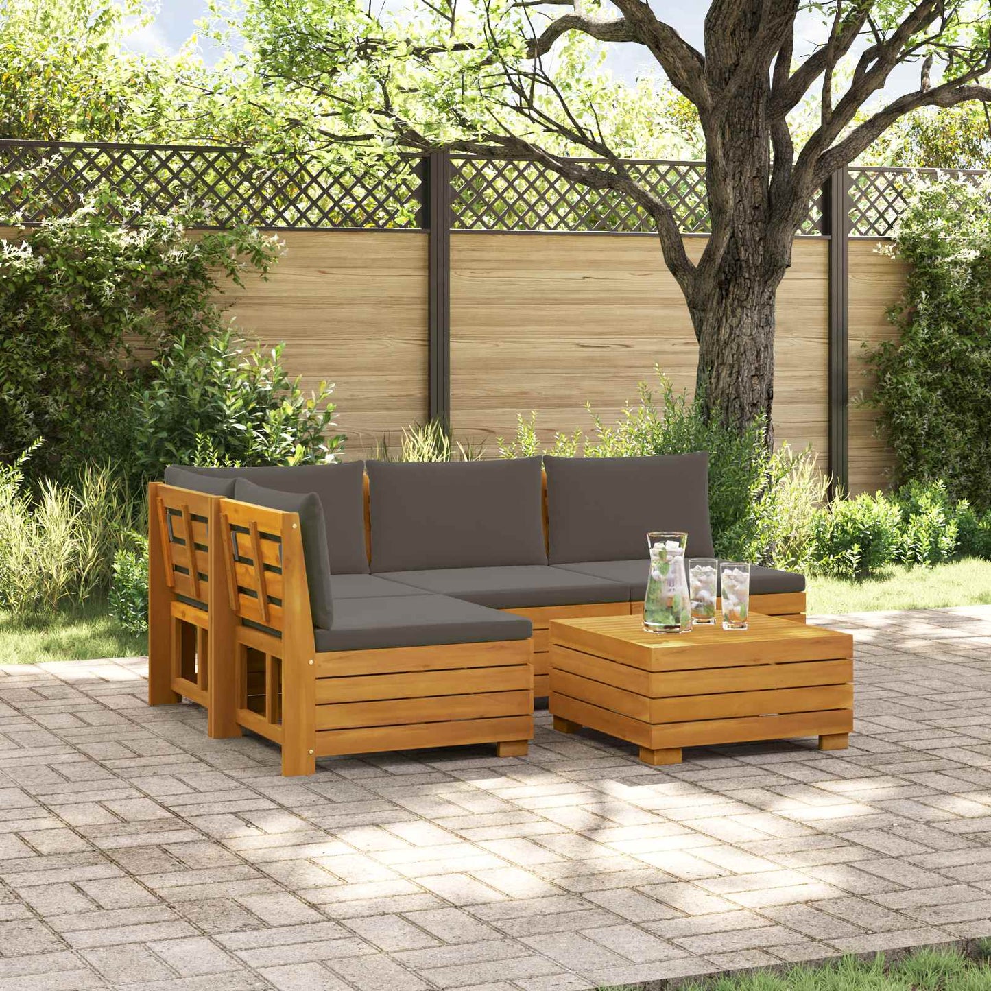 Outdoor-Sofagarnitur mit Kissen 5 Stück Braun Massivholz Akazie