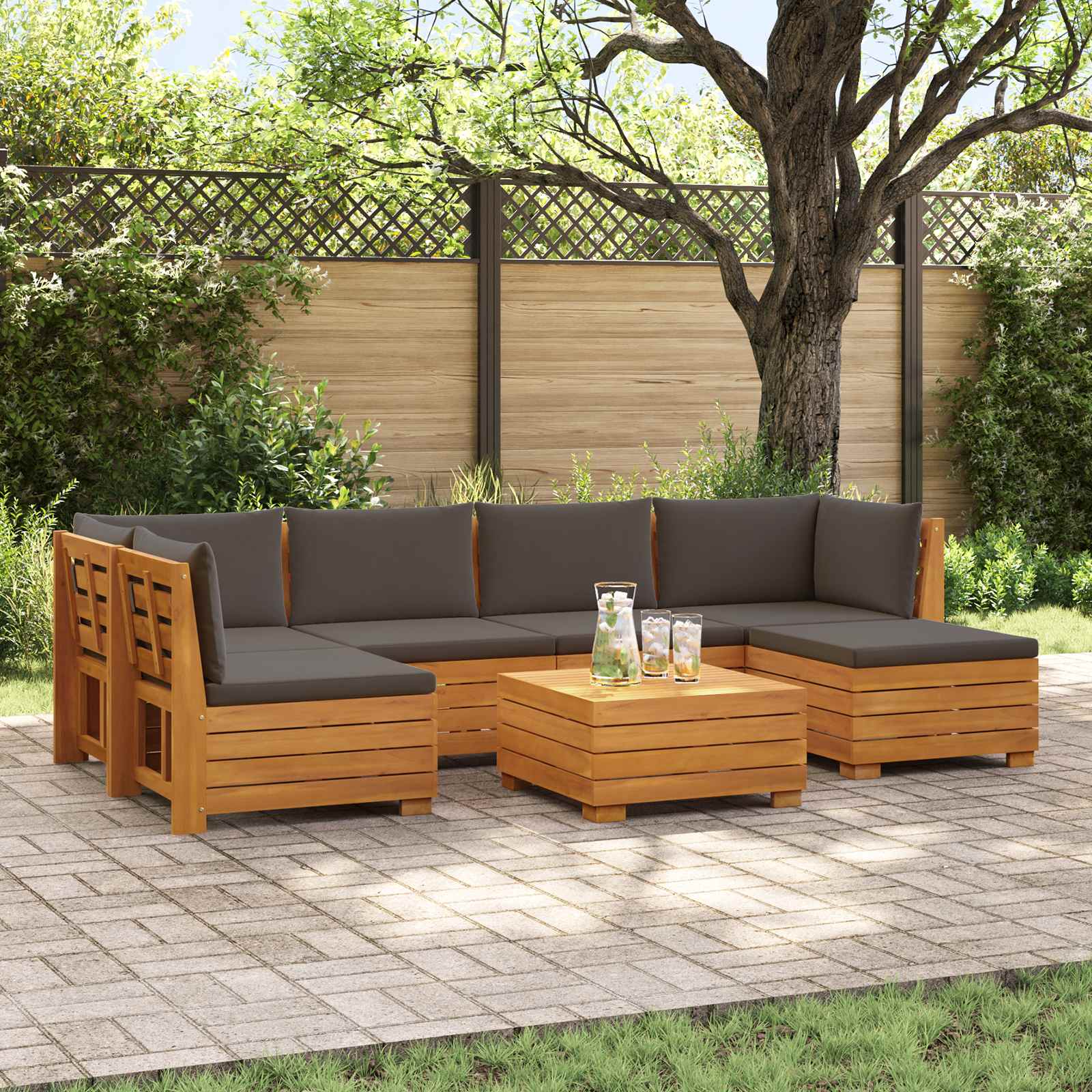 Outdoor-Sofagarnitur mit Kissen 7 Stück Braun Massivholz Akazie