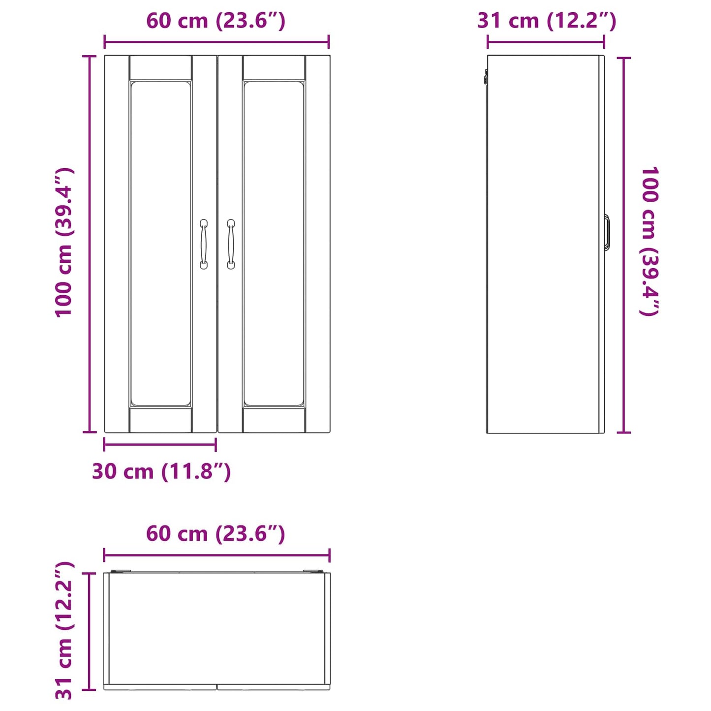 Wandglas-Schrank PORTO Beton Grau 60 x 31 x 100 cm