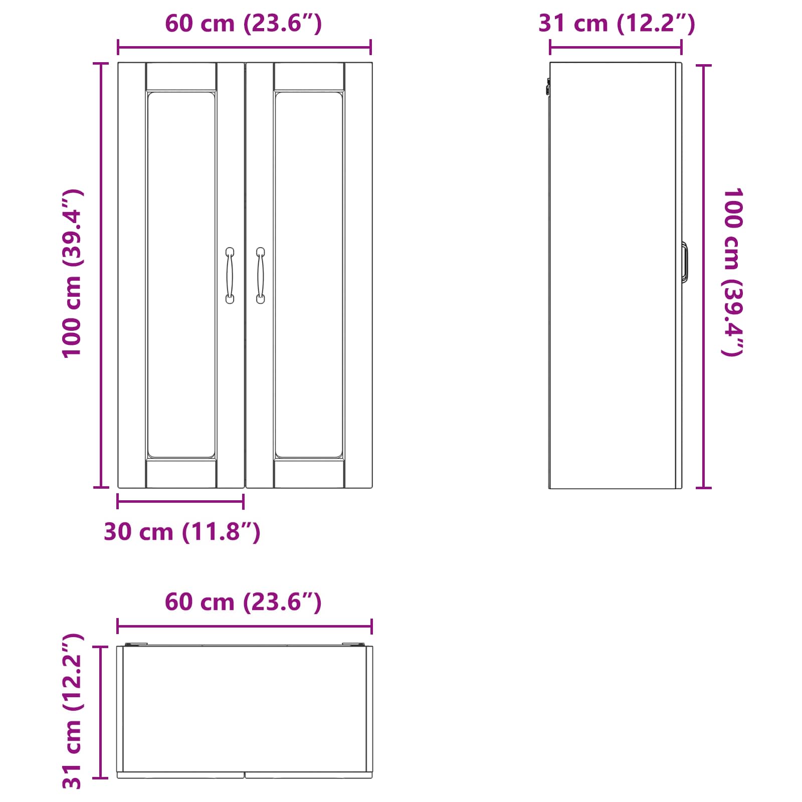 Wandglas-Schrank PORTO Hochglanz Weiß 60 x 31 x 100 cm