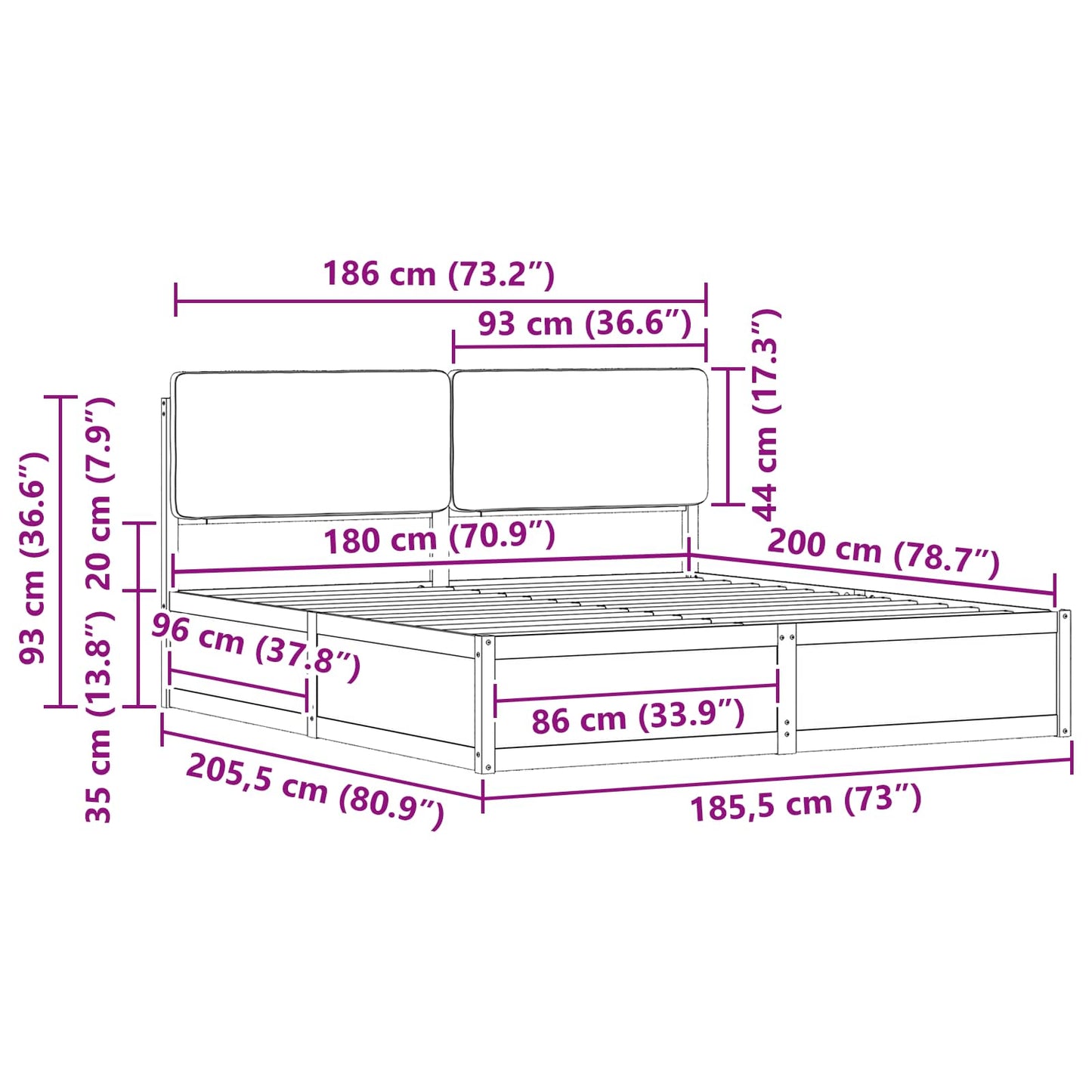 Bettgestell mit gepolstertem Kopfteil Schwarz 180 x 200 cm