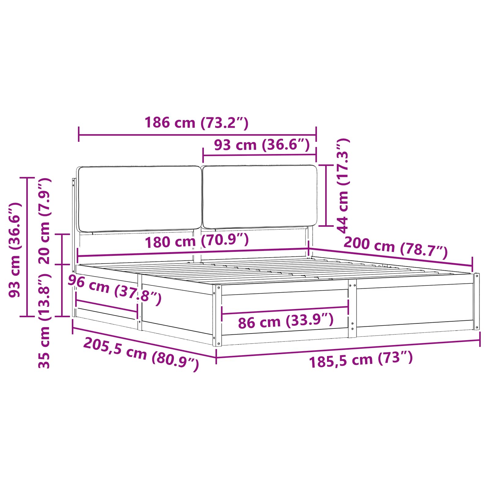 Bettgestell mit gepolstertem Kopfteil Schwarz 180 x 200 cm