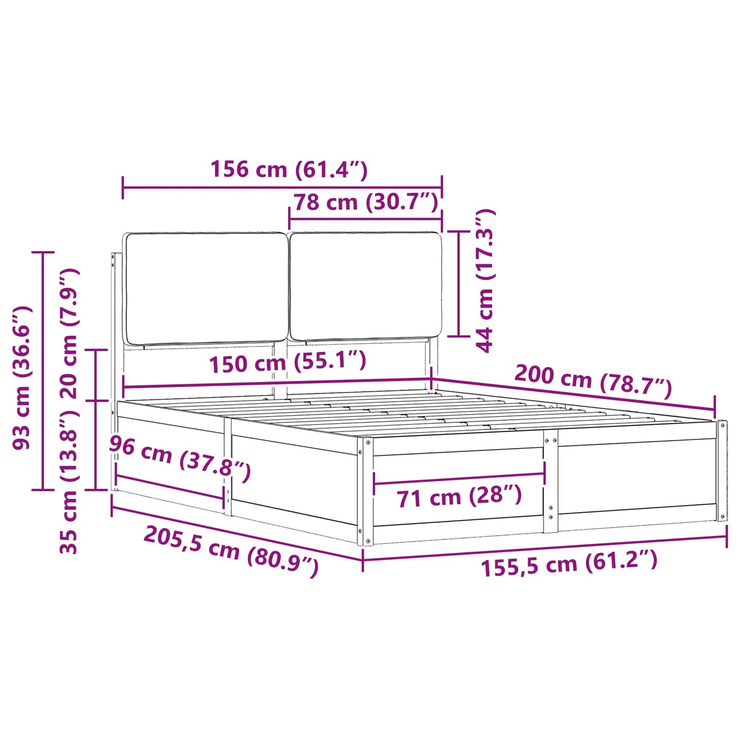 Bettgestell mit gepolstertem Kopfteil Dunkelgrau 150 x 200 cm