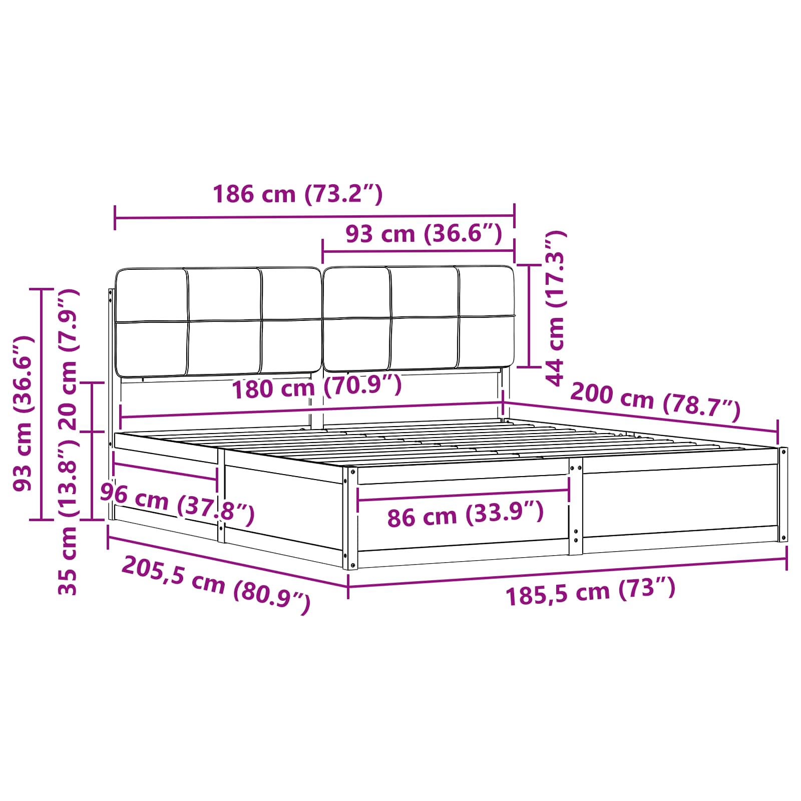 Bettgestell mit gepolstertem Kopfteil Schwarz 180 x 200 cm