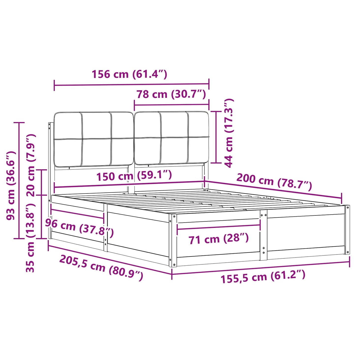 Bettgestell mit gepolstertem Kopfteil Schwarz 150 x 200 cm