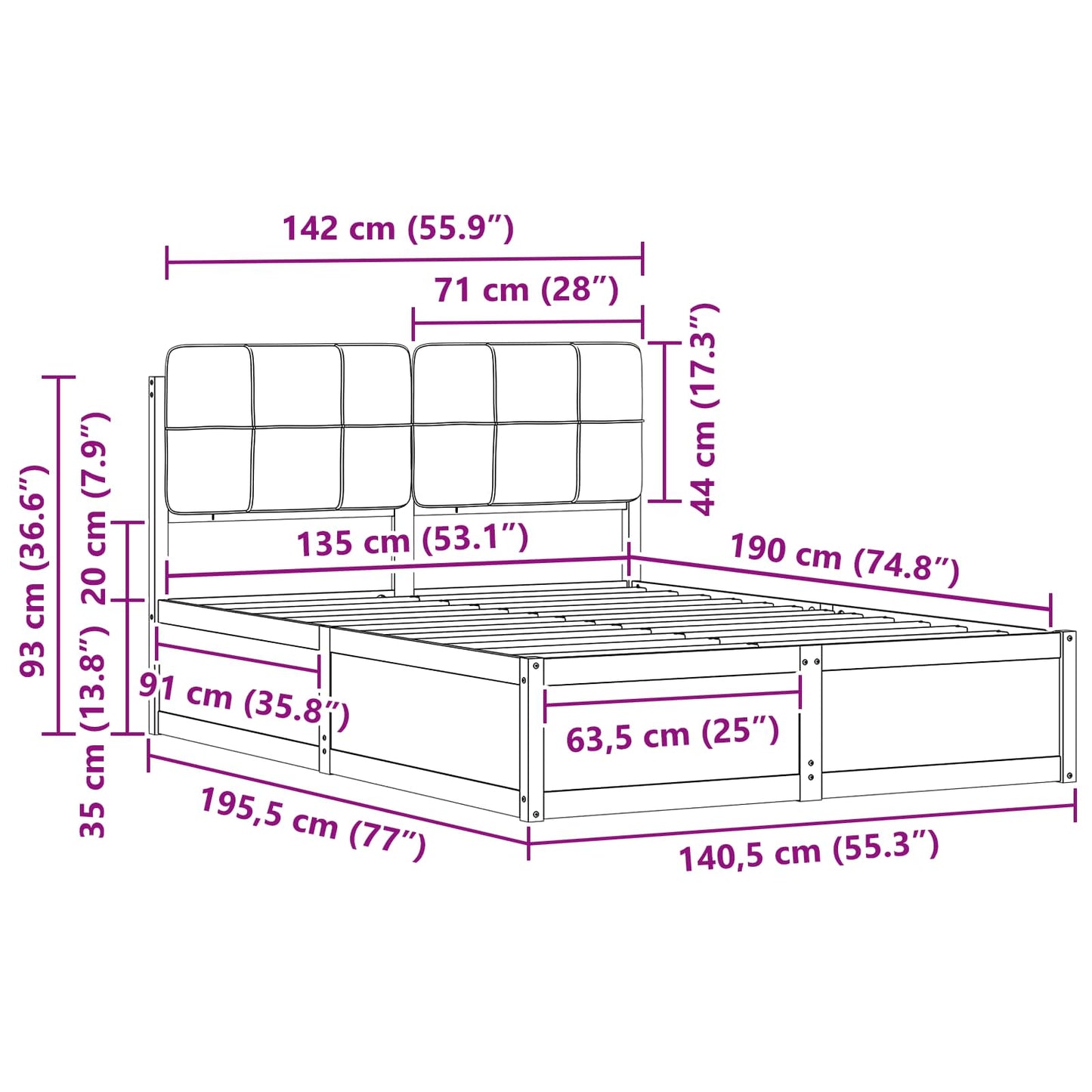 Bettgestell mit gepolstertem Kopfteil Hellgrau 135 x 190 cm
