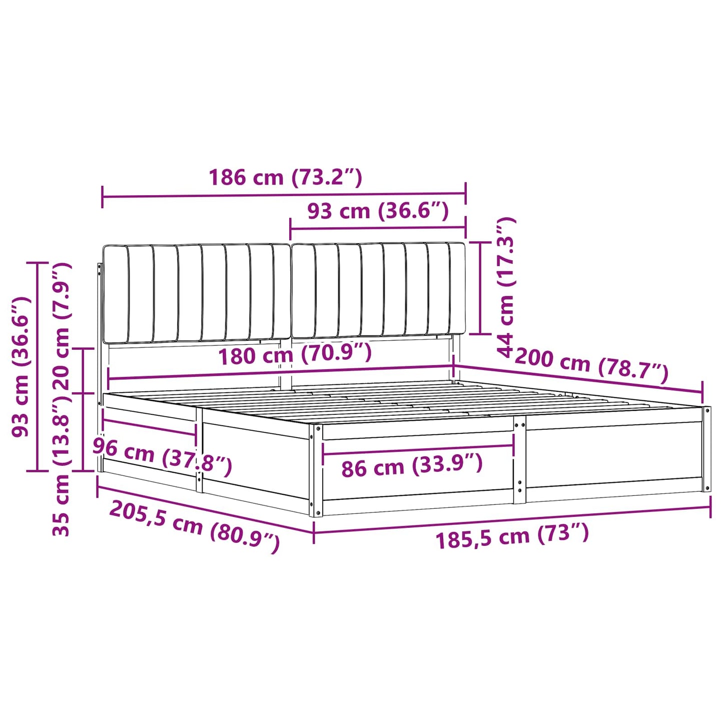 Bettgestell mit gepolstertem Kopfteil Schwarz 180 x 200 cm